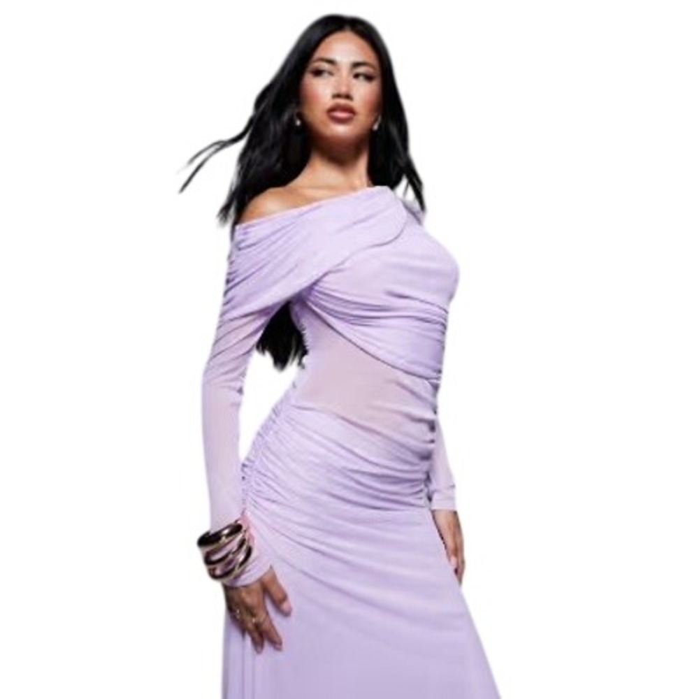 ASOS DESIGN Mesh Ruched Maxi Dress Women 6 Lilac Off-Shoulder Ethereal Fairycore